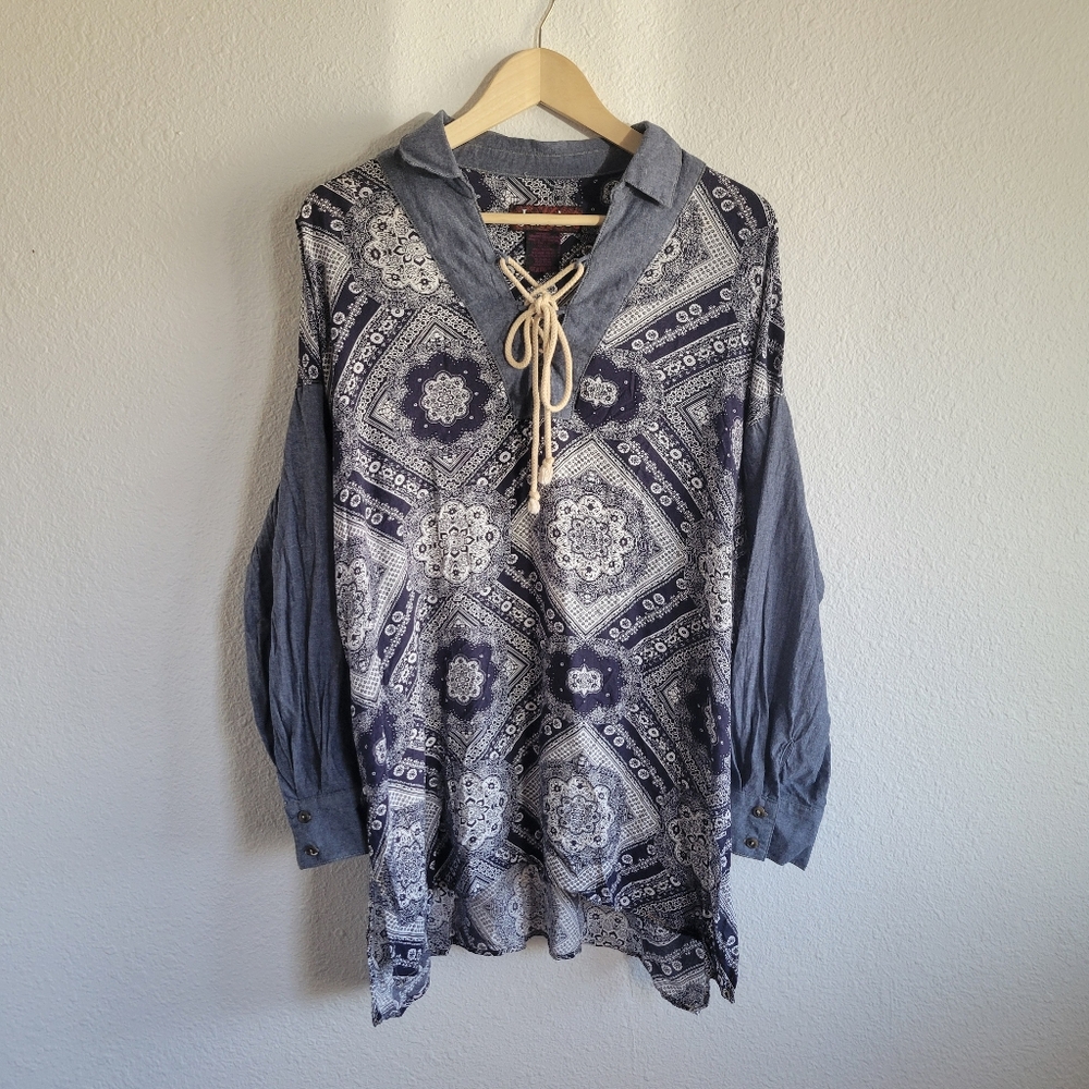 Janie Plus Size Denim Long Sleeve Blue Bandana Print Floral Tie Shirt Womens XXL